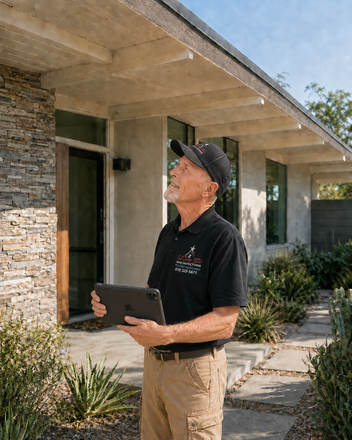 Certified home inspector reviewing findings with San Diego home buyer